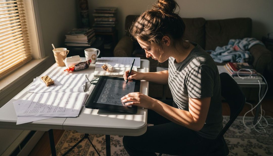 Indie comic artist working at small table