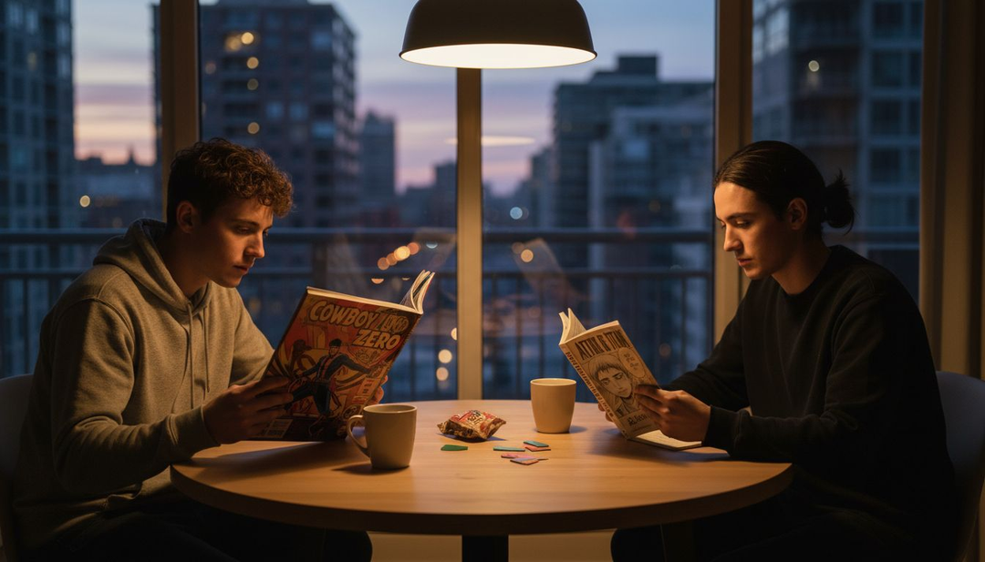 Readers compare graphic novel and manga at table