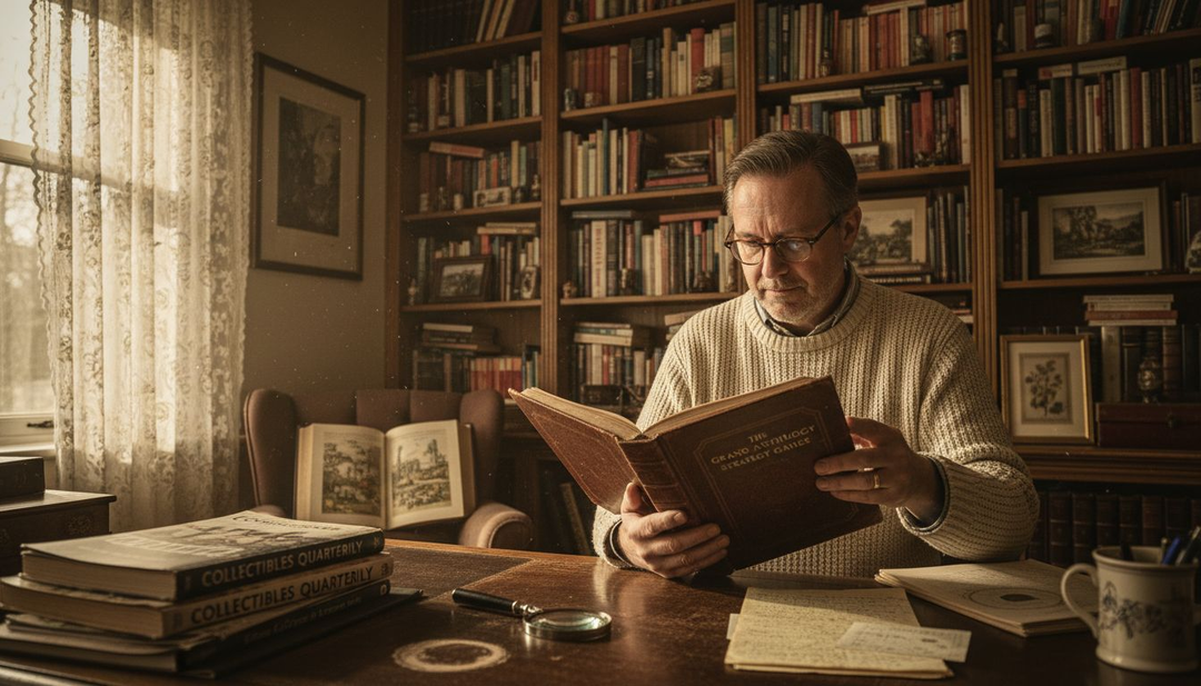 Collector selecting vintage game book from shelf