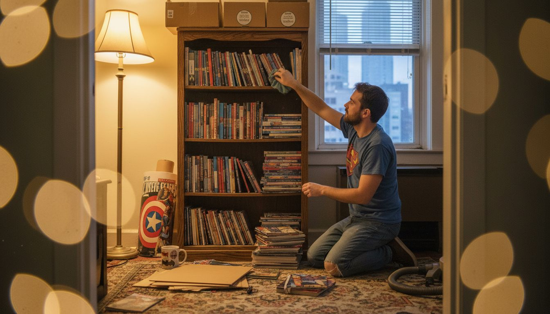 Comic book collector organizing Marvel and DC shelf