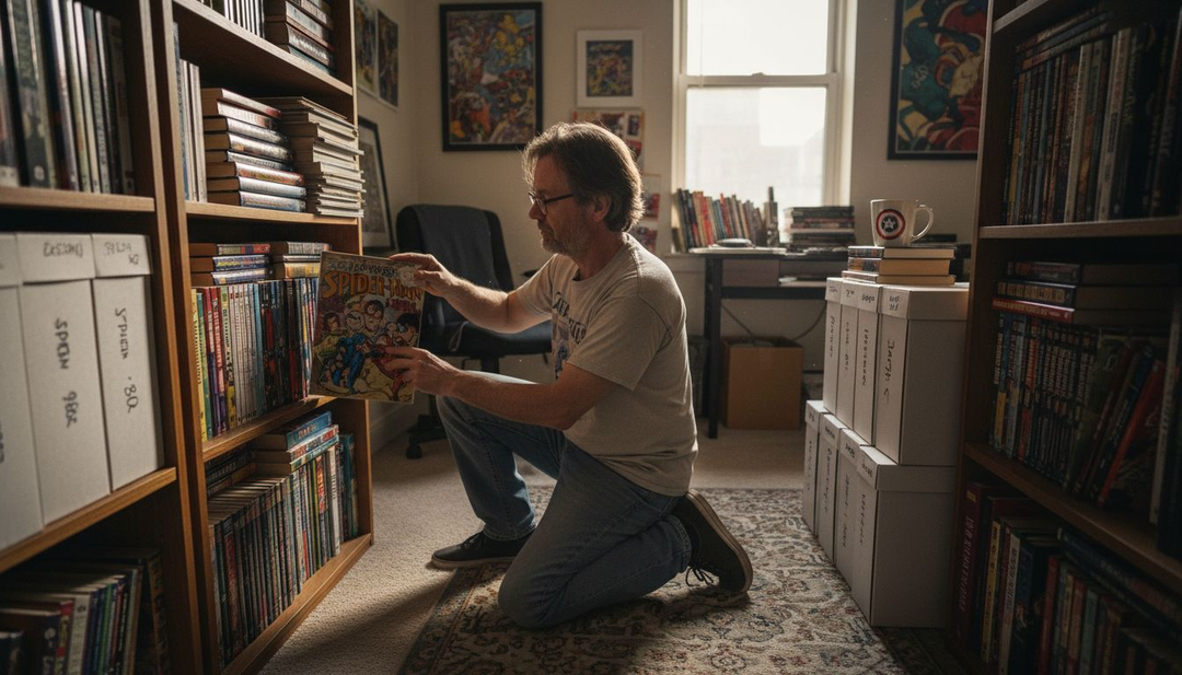 Collector organizing trade paperbacks and graphic novels