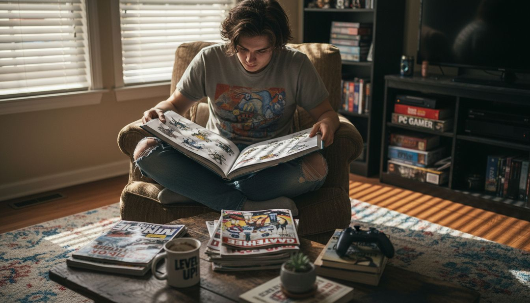 Person reading video game artbook on coffee table