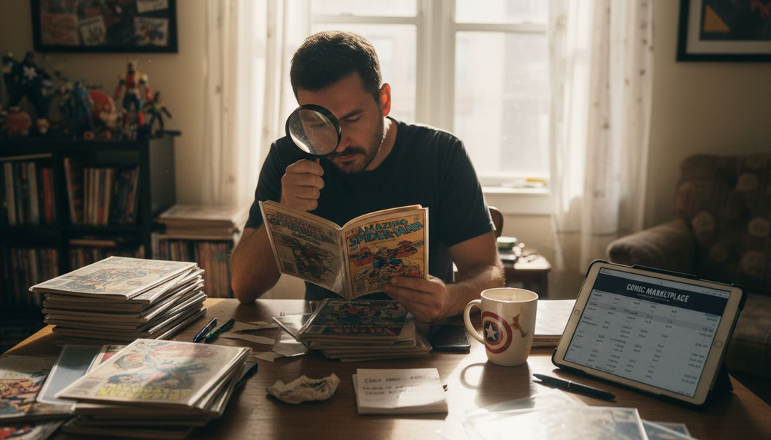 Collector valuing rare comic at desk