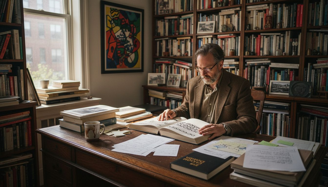 Collector examining art books in study
