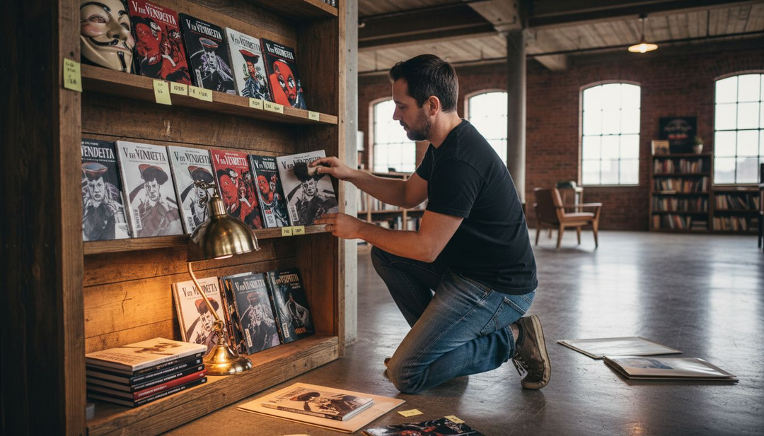 Comic collector arranging V for Vendetta shelf