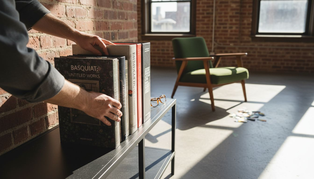 Arranging art books on low shelf