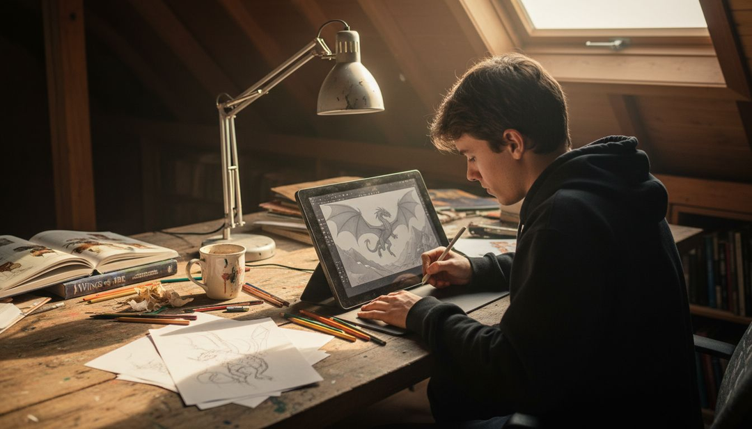 Artist sketching Wings of Fire dragon scene