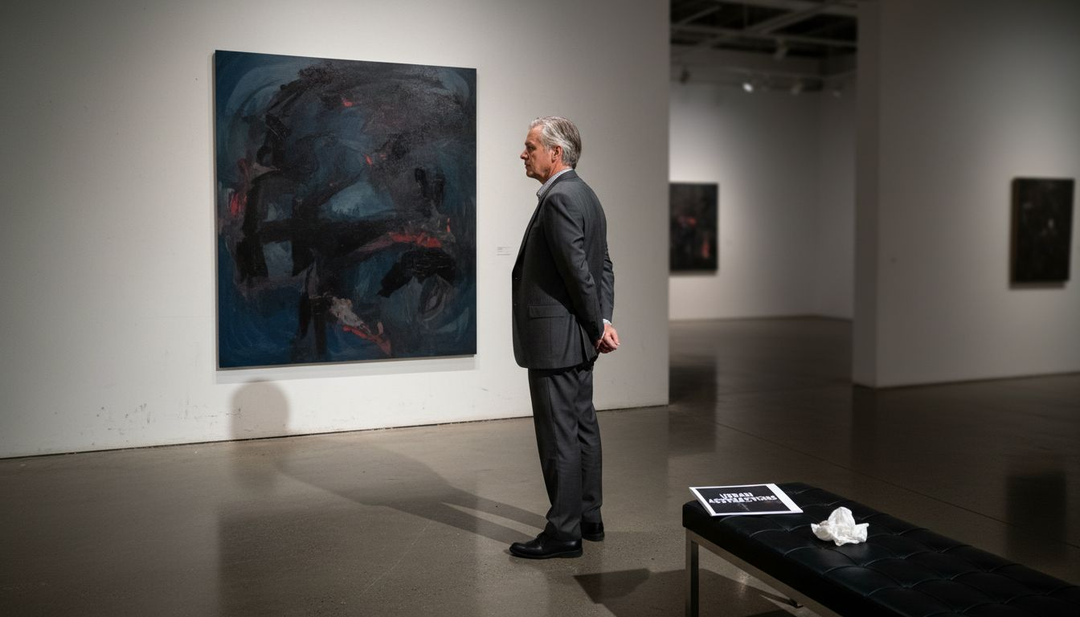 Collector examining dark expressionist painting in gallery