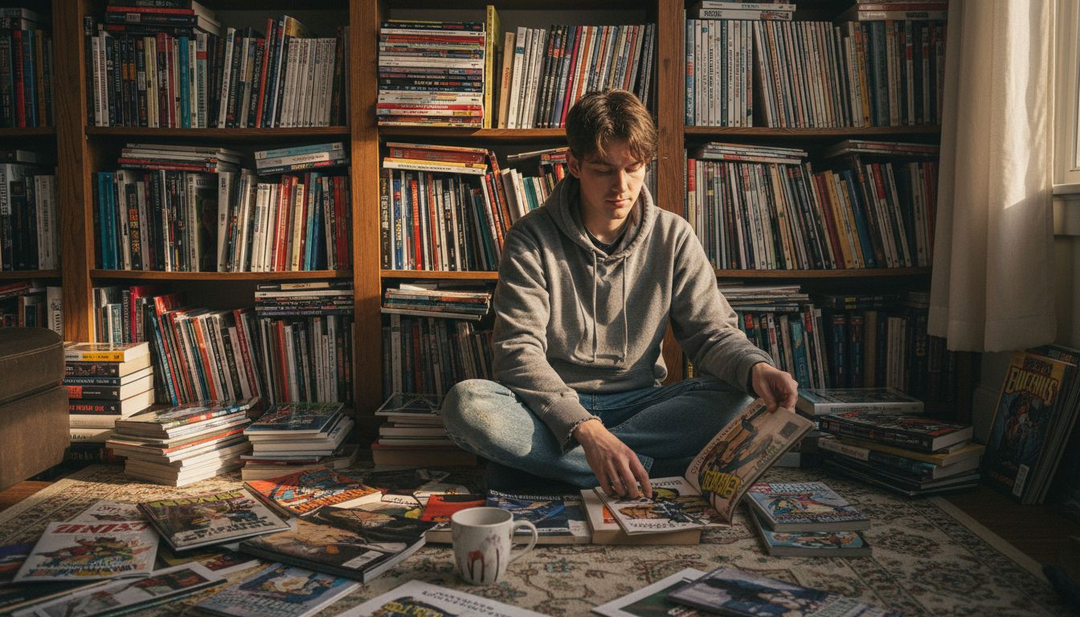 Collector sorting graphic novels and comic books