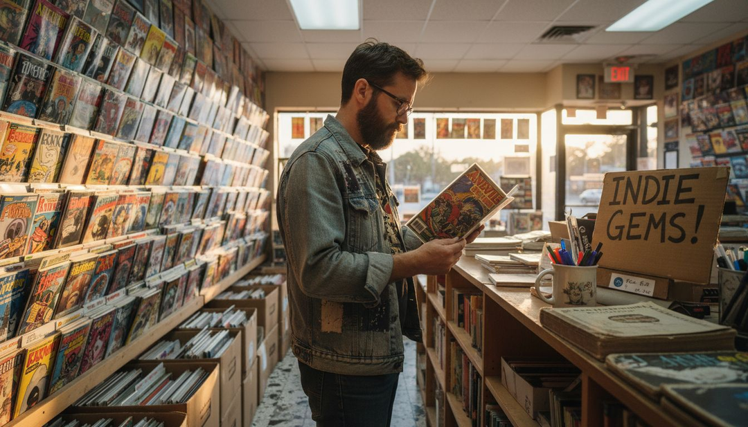 Comic collector browsing indie comics at local shop