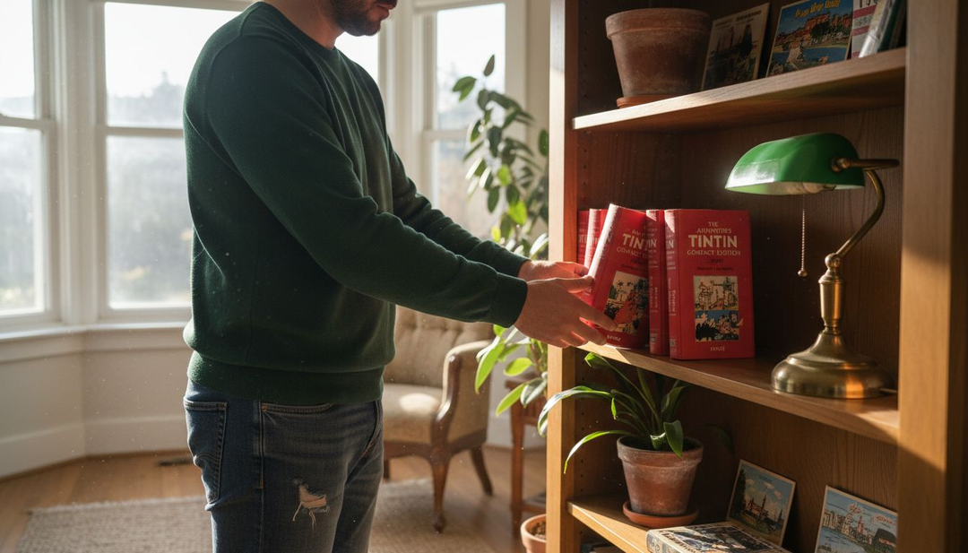Collector arranging Tintin compact editions on shelf