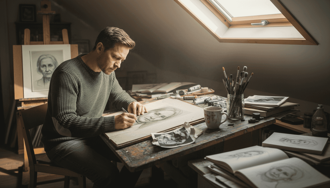 Artist in attic studio sketching portrait