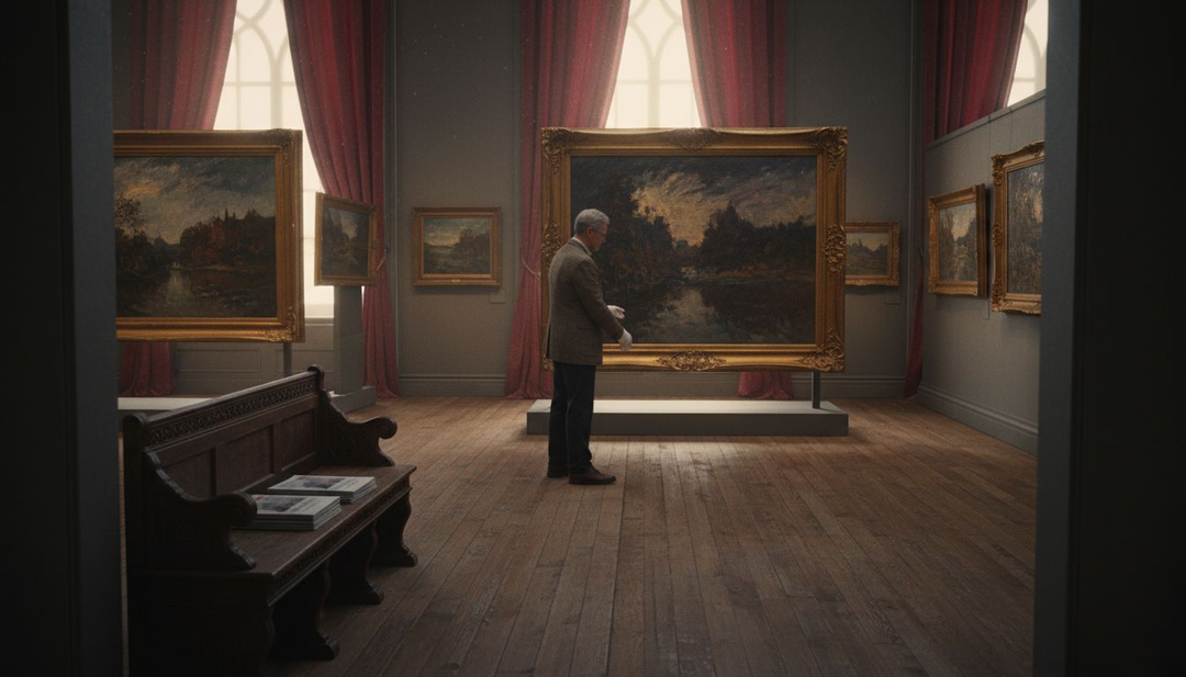 Curator adjusting dark impressionist paintings