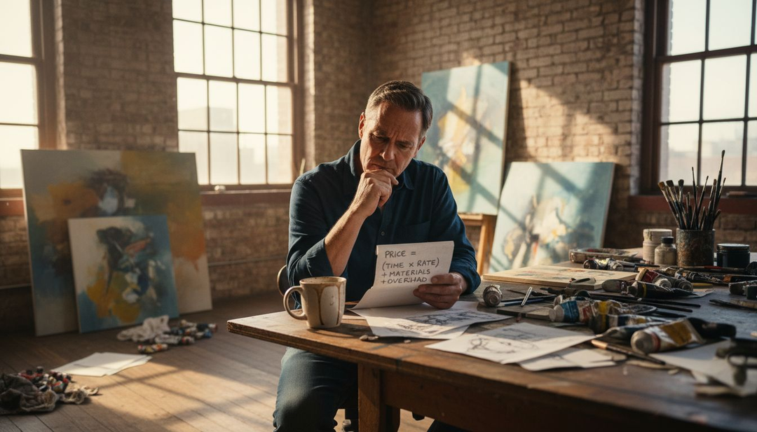 Artist reviewing pricing formula in studio
