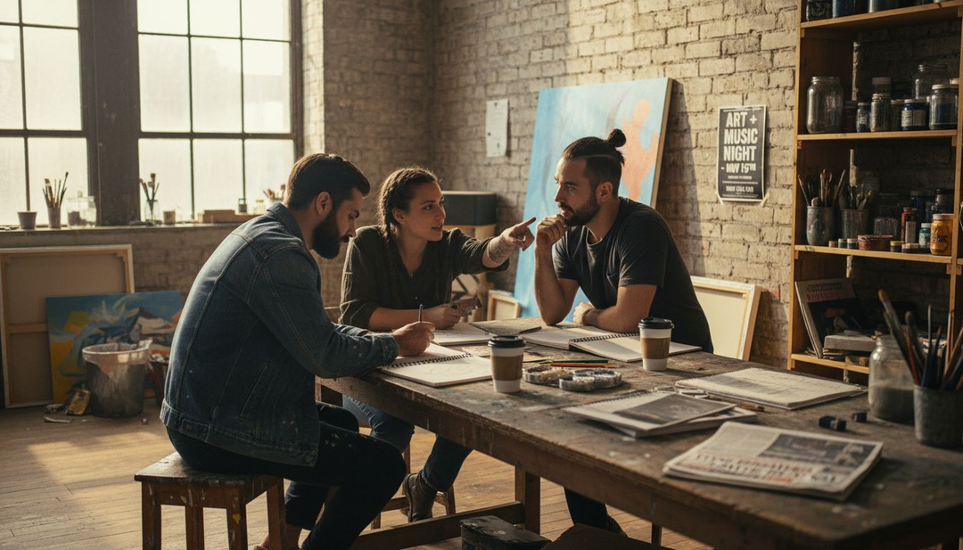 Artists collaborating in sunny loft studio
