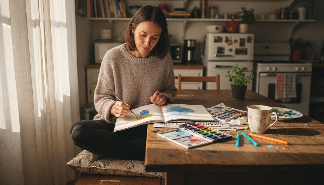 Woman journaling with watercolors at kitchen table
