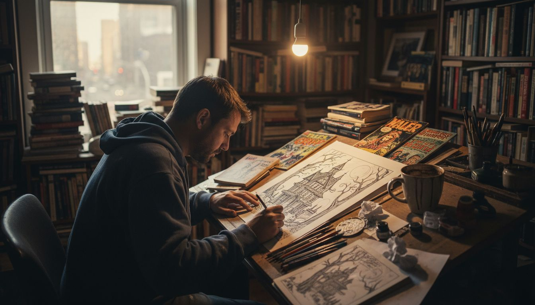 Artist sketches horror comic in cluttered studio