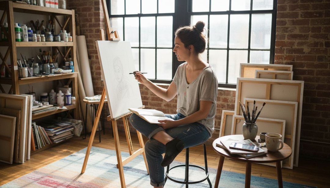Artist sketching in sunny loft studio