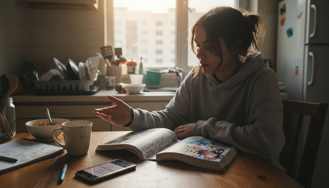 Woman compares manga and manhwa at kitchen table