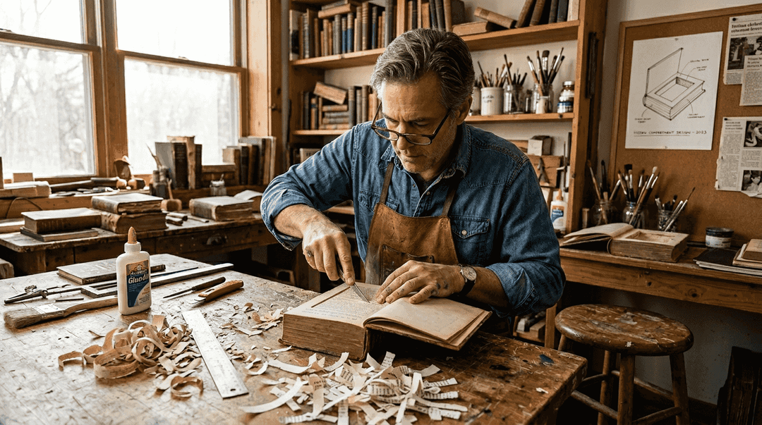 Artisan carving secret compartment in hollow book