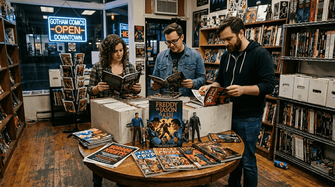 Three collectors browsing Freddy vs Jason vs Ash comics