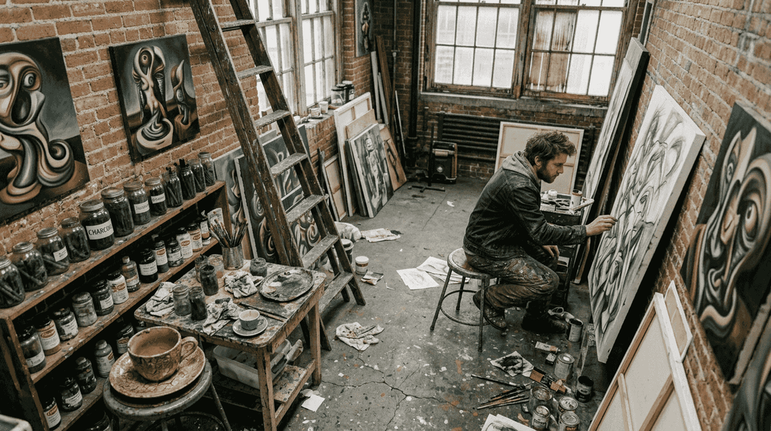 Dark surrealism artist works in industrial studio