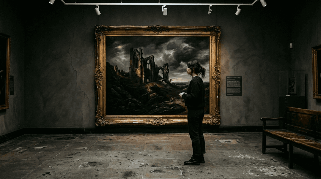 Visitor in gothic art museum gallery
