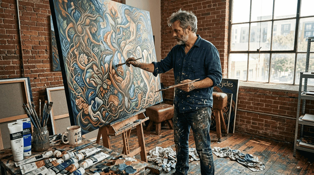 Artist finishing circle of life artwork in studio