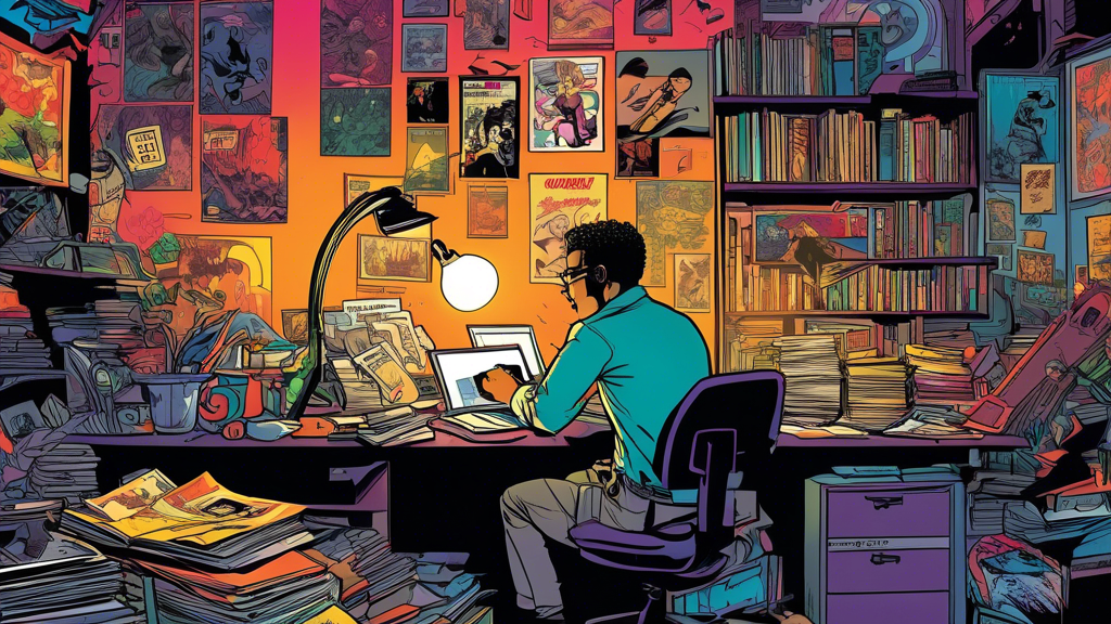 A person in a cluttered room, surrounded by comic books and art, works at a desk under a lamp, embodying the underground comics theme.