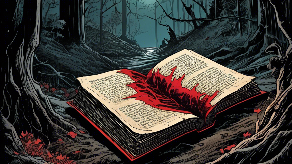 An eerie forest scene with a mystical open book on the ground, its pages forming a red, leaf-like shape, reflecting the horror indie comics theme.