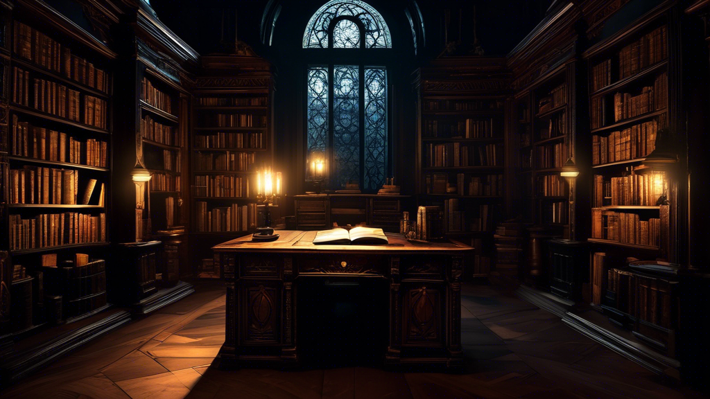 Dimly lit library with towering shelves of ancient books, a grand wooden desk, and eerie candlelight, evoking a haunting atmosphere.