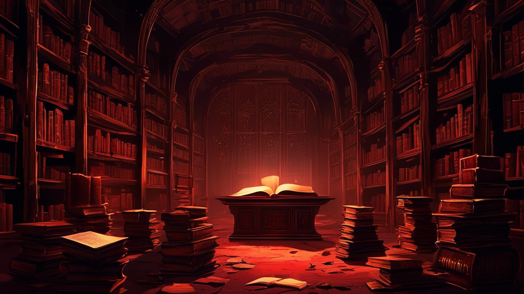 Dimly lit, ominous library with towering bookshelves, scattered open books, and a glowing book on a central table, evoking a haunting atmosphere.