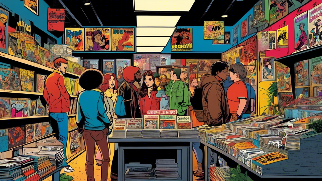 Comic shop filled with diverse people browsing colorful 'Gut Punch' underground comics, reflecting its growing influence in niche culture.