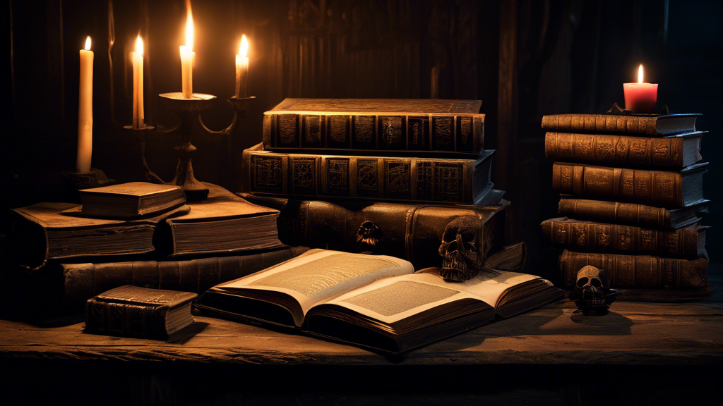 A dimly lit scene with vintage books, candlelight, and skulls, evoking a chilling atmosphere perfect for horror artbooks.