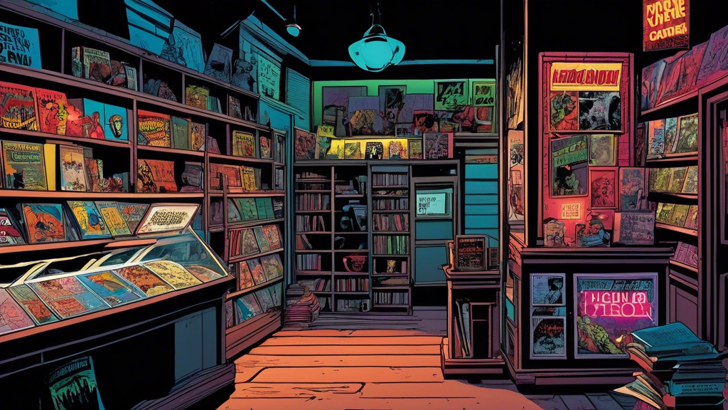 Dimly lit comic store filled with indie horror comics on shelves and displays, creating a mysterious and immersive atmosphere.