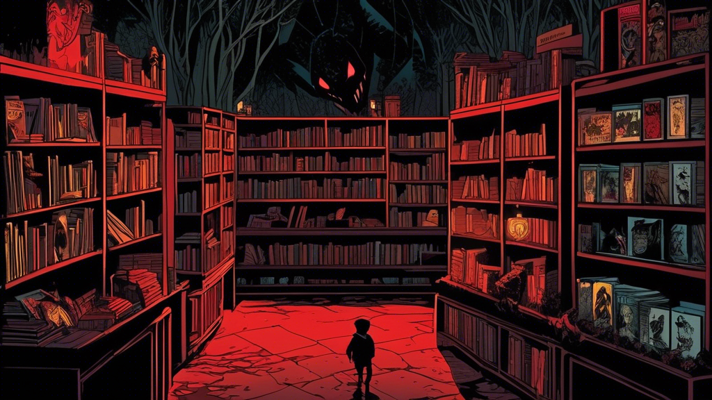 A shadowy figure stands in a dimly lit library filled with horror comics, while a menacing creature lurks outside, enhancing the eerie atmosphere.