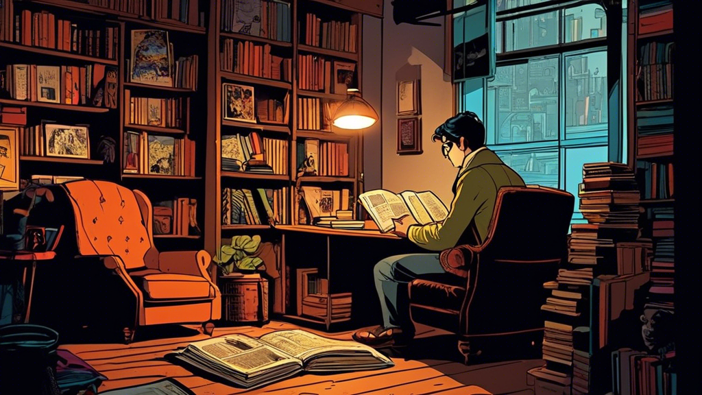 A person reads a graphic novel in a cozy, dimly-lit library filled with books, capturing the allure of underground graphic novels.