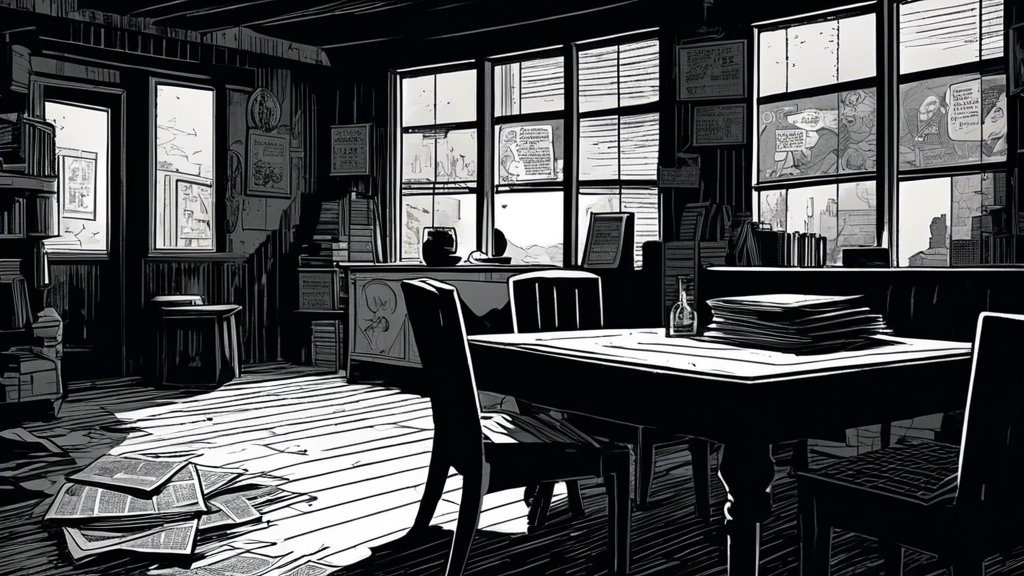 Black and white comic-style illustration of a dimly lit room with scattered papers, bookshelves, and a table, evoking a mysterious, eerie atmosphere.