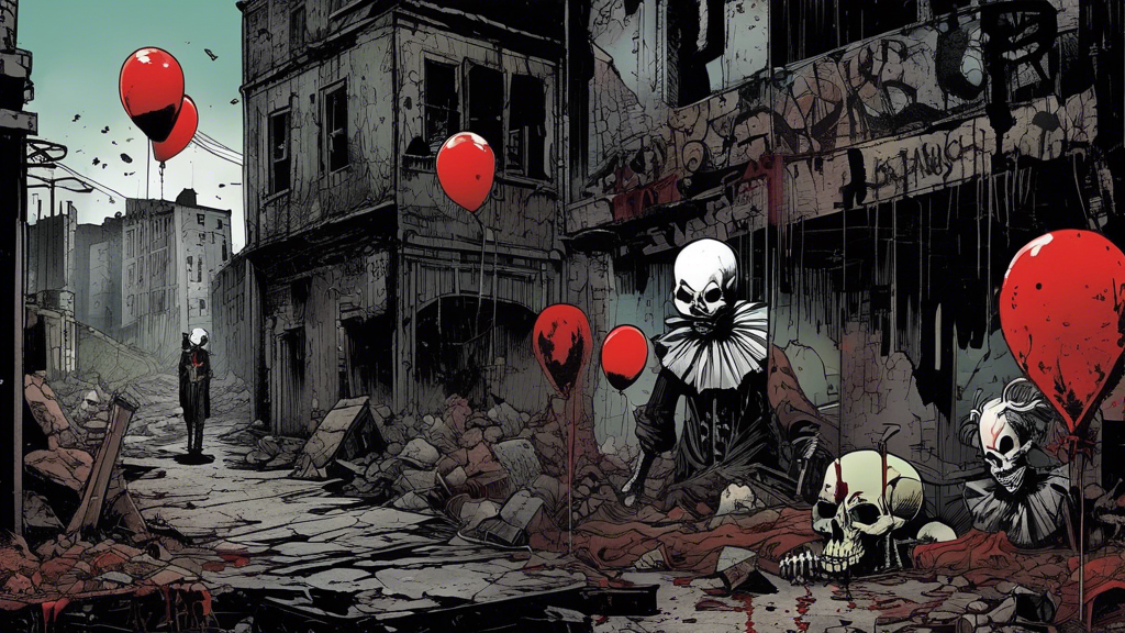 A desolate urban scene with creepy clown figures, skulls, and red balloons among rubble, evoking a dark and unsettling comic atmosphere.