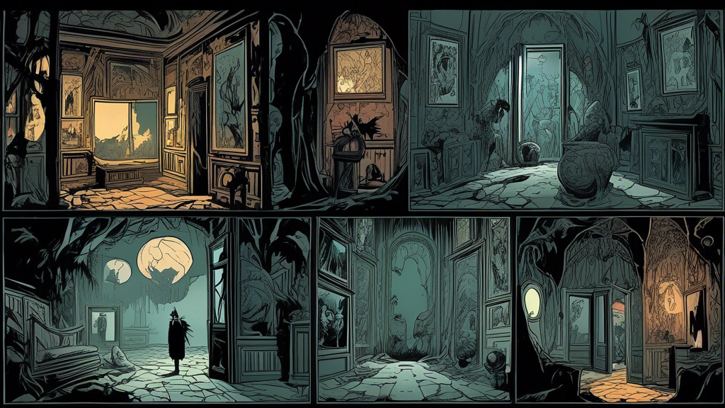 Gothic rooms with eerie artwork and distorted architecture create a haunting atmosphere under moonlight, fitting for a horror comic theme.